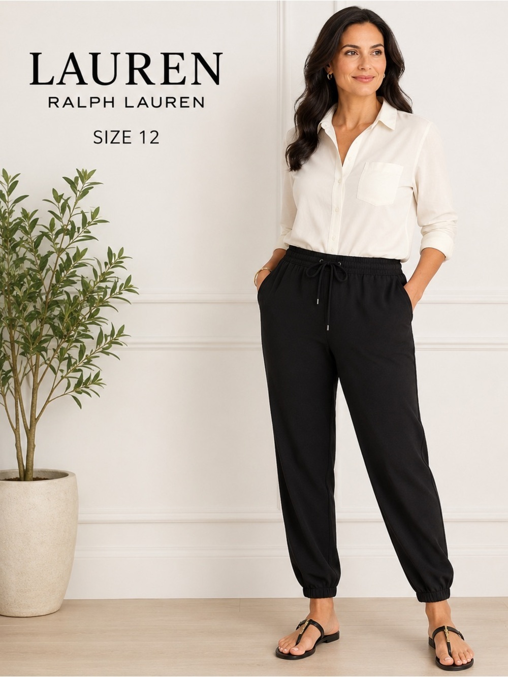 Lauren Ralph Lauren Women’s Black Jogger Pants Drawstring Elastic Waist Size 12